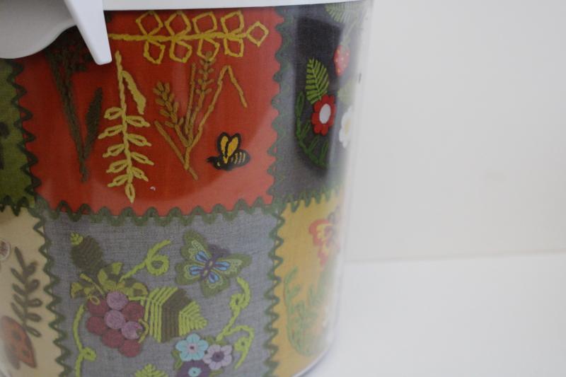 Thermo-Serv vintage plastic ice bucket canister, retro crewel embroidery print 
