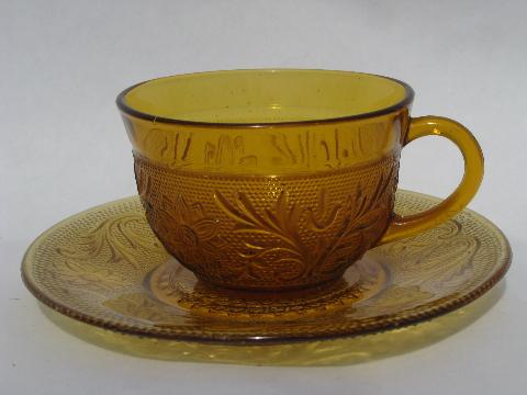 Tiara / Indiana amber glass sandwich daisy pattern cups & saucers