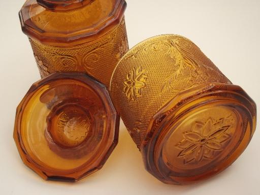 Tiara amber glass canister jars, vintage sandwich daisy pattern glass