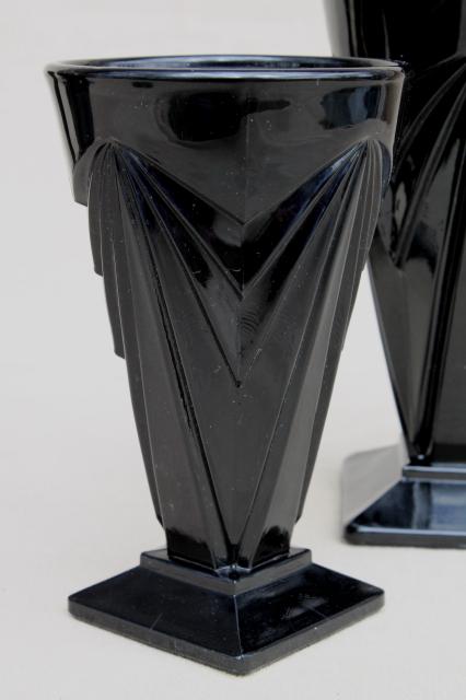 Tiara pyramid black glass footed tumblers & tall glasses, deco mod geometric shape
