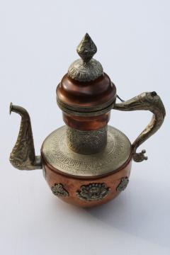 Tibetan copper brass handcrafted coffee pot w/ dragons and elephants hammered wrought metal art