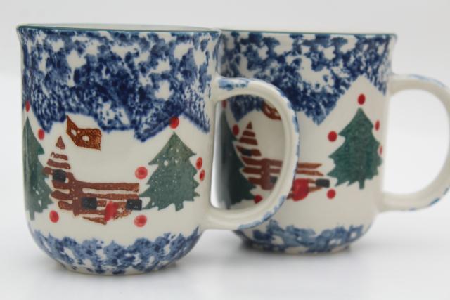 Tienshan China stoneware, Cabin in the Snow spongeware Christmas holiday coffee mugs