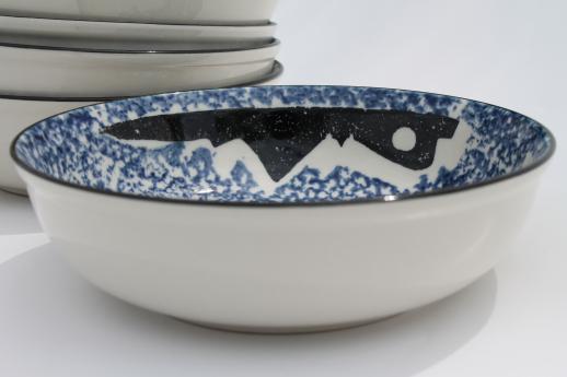 Tienshan Folk Craft lone wolf stoneware bowls, spongeware pottery soup or cereal bowl set