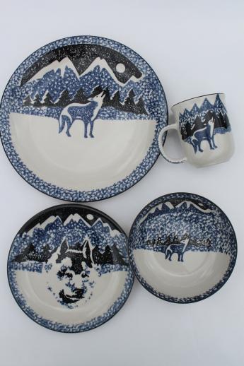 Tienshan Folk Craft lone wolf stoneware dishes set for 8, spongeware pottery dinnerware
