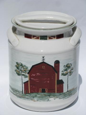 Tienshan Prairie red barn farm pattern ceramic milk can canisters