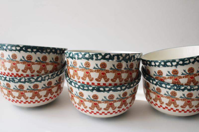 Tienshan china spongeware pottery cereal / soup bowls Christmas gingerbread pattern
