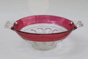 Tiffin Kings Crown ruby band flashed color stain glass, double handled bowl large nappy