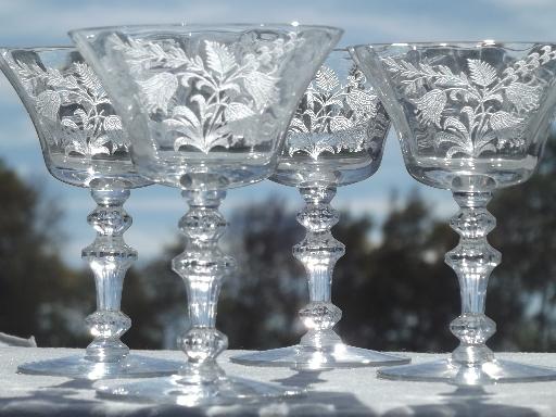 Tiffin fuchsia etched glass cocktail glasses, 30s 40s vintage stemware 