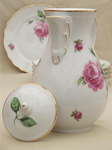 Tirschenreuth Bavaria pink roses china tea or coffee pot, cream & sugar, plates
