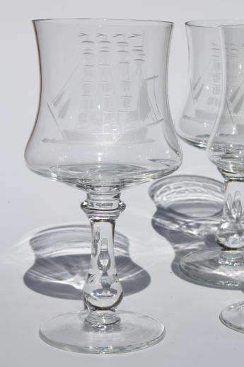 Toscany crystal clipper ship etched glass wine glasses, set of 4 goblets