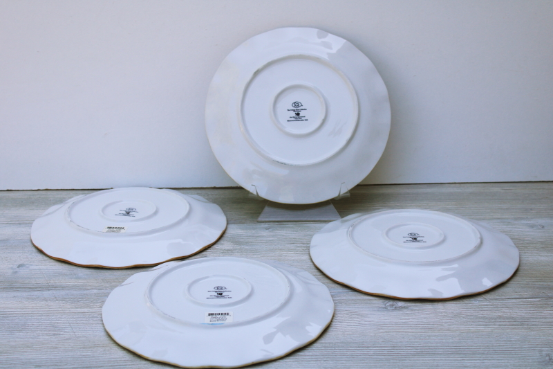Tracy Porter set of four dinner plates, Cottage Rose hand painted floral w/ wicker border