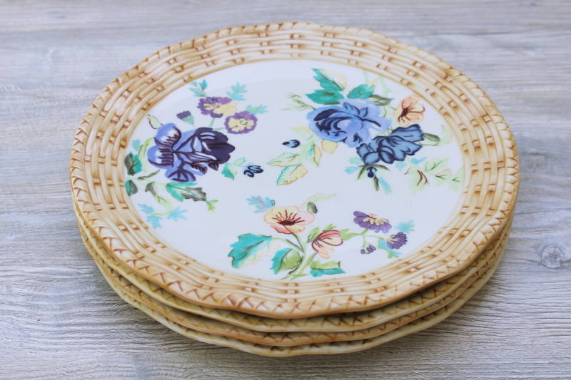 Tracy Porter set of four dinner plates, Cottage Rose hand painted floral w/ wicker border