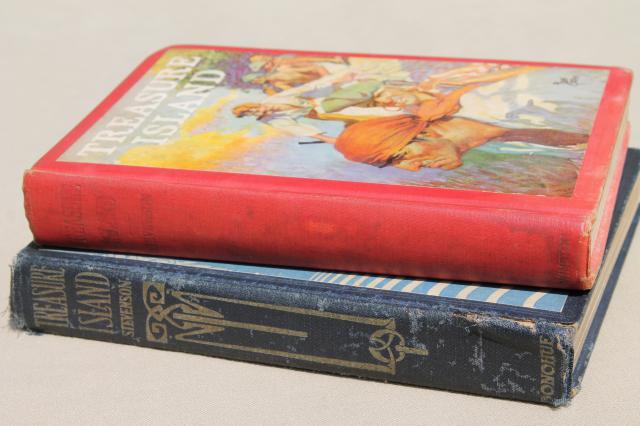 Treasure Island Robert Louis Stevenson old books, vintage editions w/ color illustrations