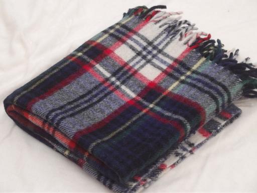 Troy label vintage wool travel robe, fringed plaid throw camp blanket