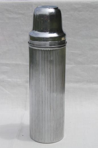 Universal chrome thermos, large camp flask w/ cups, WWI vintage insulated canteen bottle
