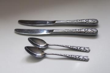 Utica Cutco vintage stainless flatware, embossed leaves pattern table knives tea spoons