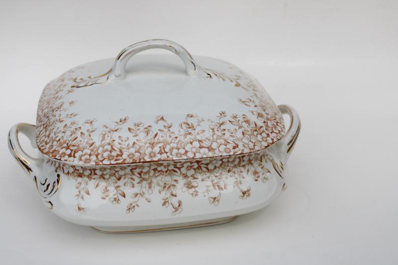 Utopian antique vintage transferware china serving dish, sepia brown floral Staffordshire 