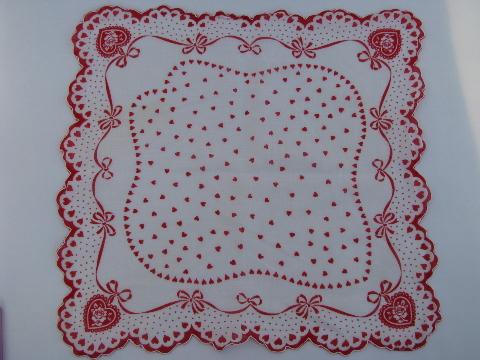 Valentine hanky, vintage red and white hearts print cotton handkerchief