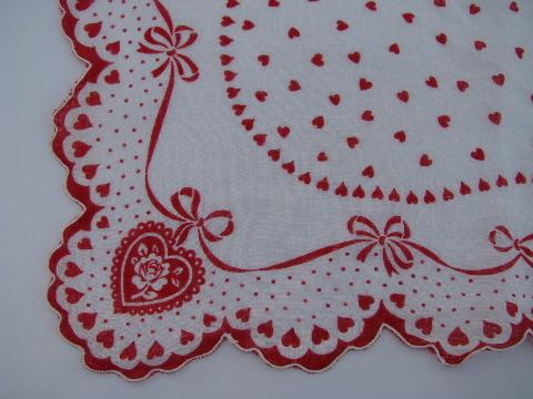 Valentine hanky, vintage red and white hearts print cotton handkerchief