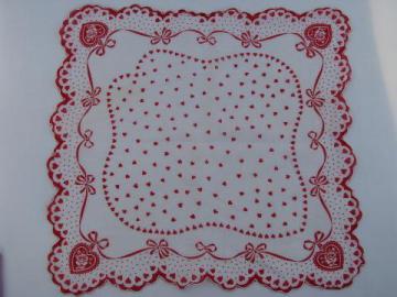 Valentine hanky, vintage red and white hearts print cotton handkerchief