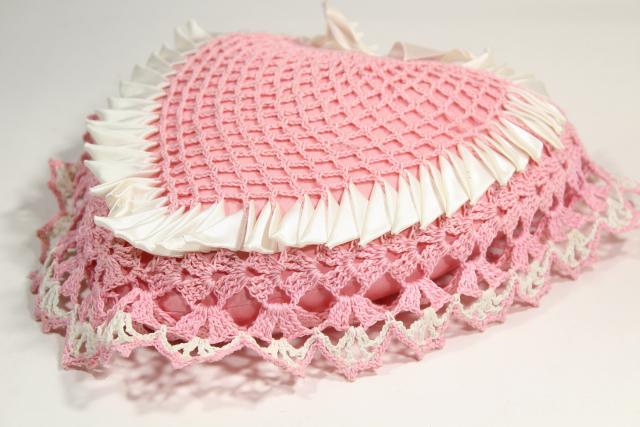 Valentine pink heart shaped pillow or wedding ring bearer pillow, vintage crochet lace