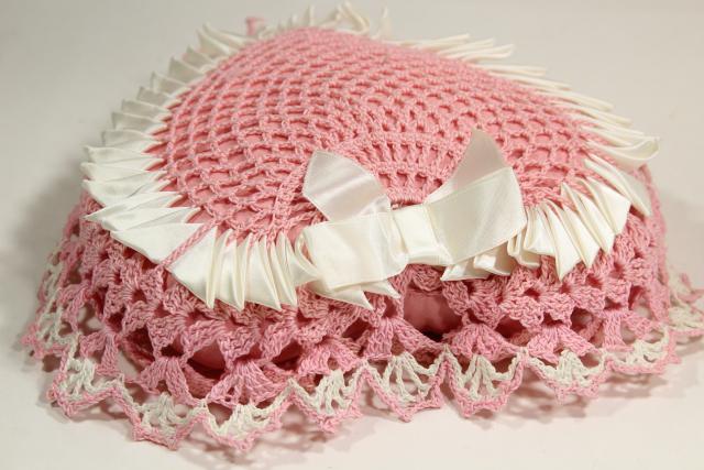 Valentine pink heart shaped pillow or wedding ring bearer pillow, vintage crochet lace