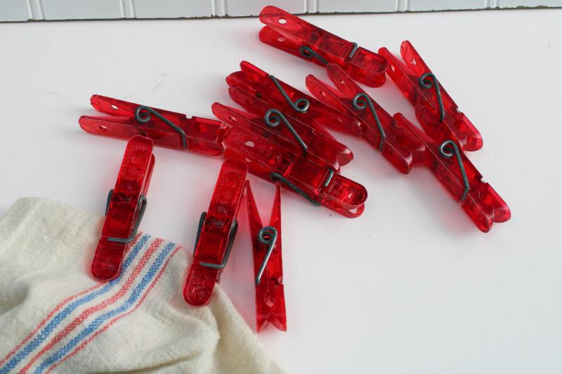 Vermont plastic vintage red lucite clothespins, retro laundry or holiday decor