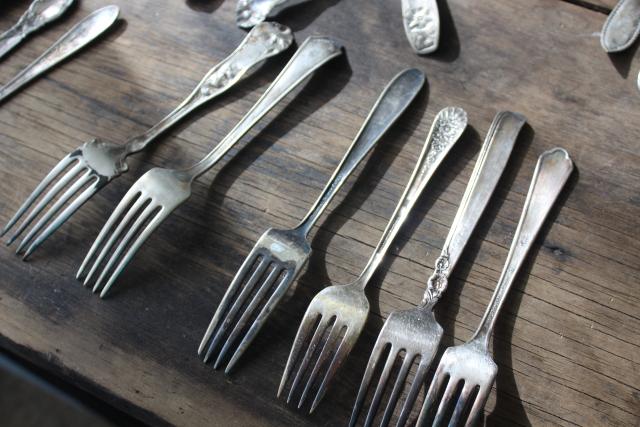 Victorian / Edwardian vintage silver plate flatware, shabby antique forks different patterns