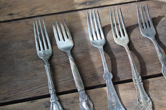 Victorian / Edwardian vintage silver plate flatware, shabby antique forks different patterns