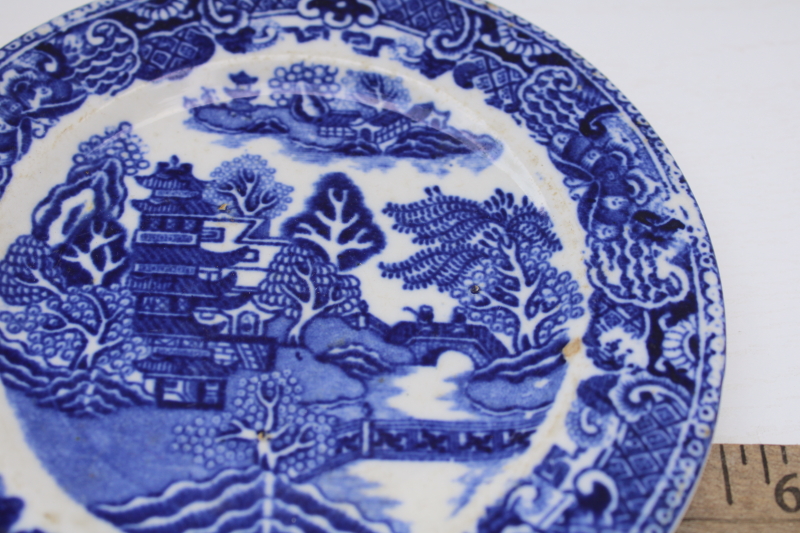 Victorian antique blue willow pattern china, tiny butter plate mid 19th century vintage England