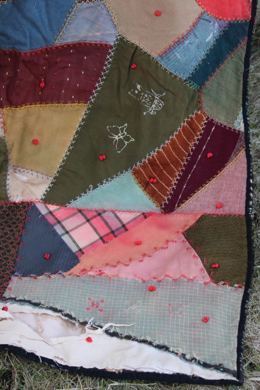 Victorian antique crazy quilt w/ embroidery, shabby vintage wool  dress fabric patchwork