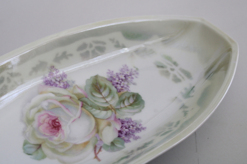 Victorian antique floral china tray, lilacs  cabbage roses early 1900s vintage Germany