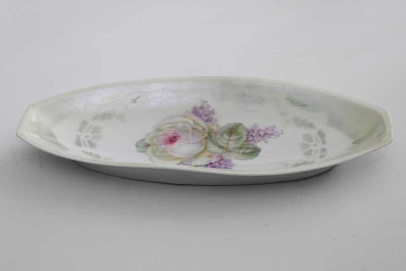 Victorian antique floral china tray, lilacs  cabbage roses early 1900s vintage Germany