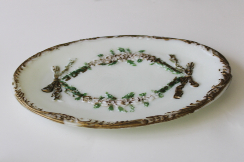 Victorian antique milk glass vanity tray trinket dish, ornate embossed floral hand painted