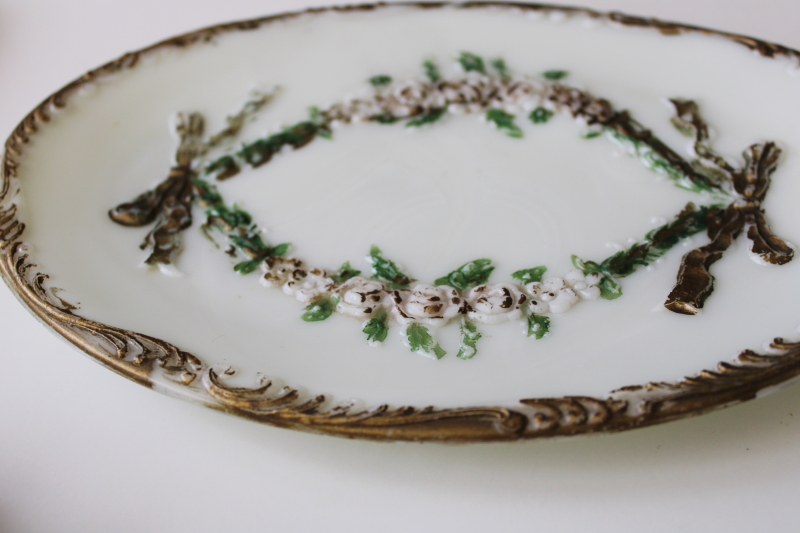 Victorian antique milk glass vanity tray trinket dish, ornate embossed floral hand painted