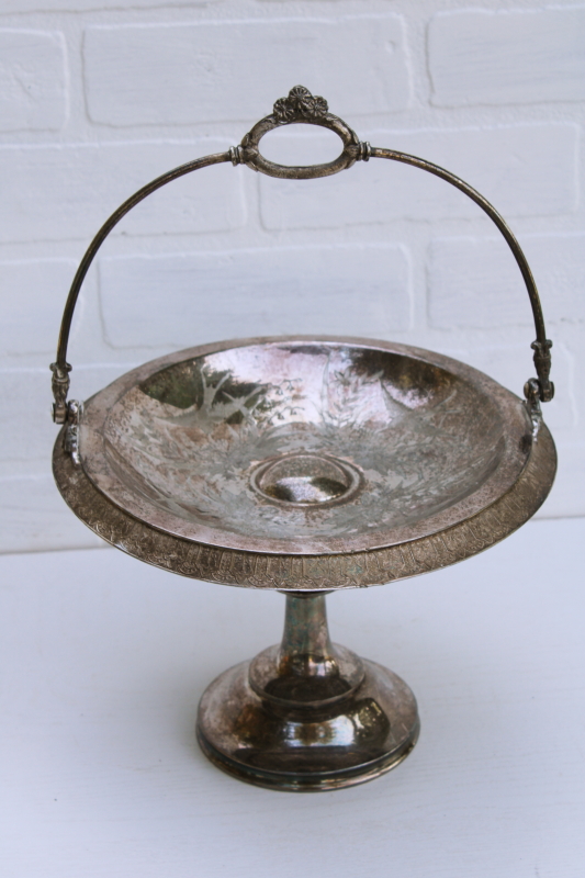 Victorian antique silver plate brides basket, pedestal tray for cake stand or candy dish