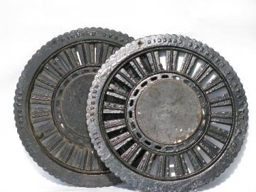 Victorian era antique vintage round cast iron register grates, pair