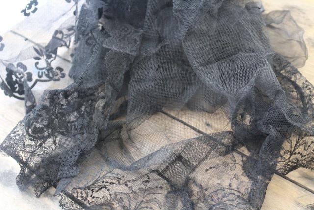 Victorian mourning black lace & sewing trim, antique vintage edgings, flounces, ribbon