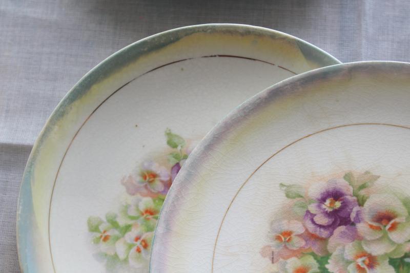 Victorian pansy floral shabby antique china plates w/ pansies, late 1800s vintage