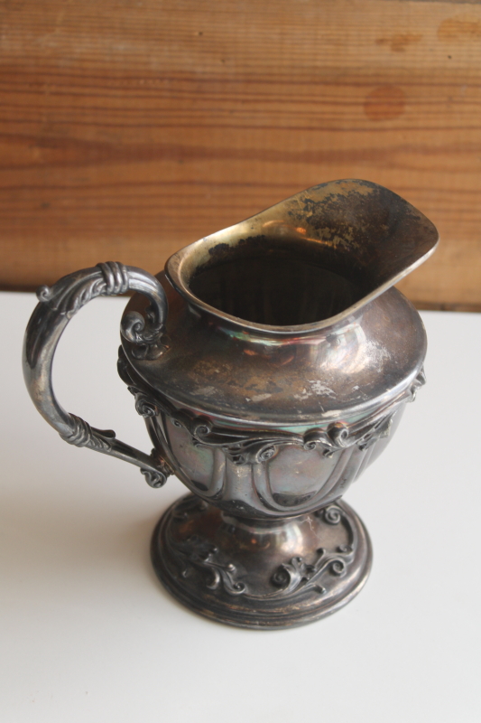 Victorian silver pitcher w/ ornate scrollwork, tarnished antique Warren Silver Plate New York