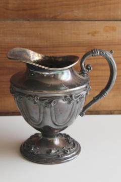 Victorian silver pitcher w/ ornate scrollwork, tarnished antique Warren Silver Plate New York