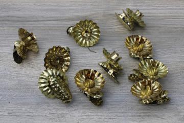 Victorian style Christmas feather tree candle holders, vintage tin candle clips gold finish