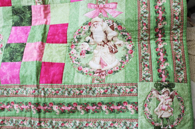 Victorian style Christmas pink and green Santa Claus mini quilt, handmade quilted wall hanging