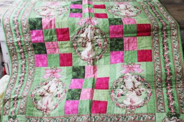Victorian style Christmas pink and green Santa Claus mini quilt, handmade quilted wall hanging