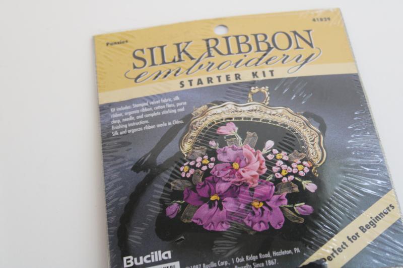 Victorian style metal clasp purse frames, Bucilla silk ribbon embroidery bag kit