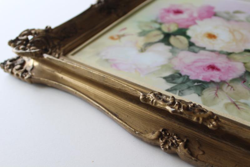 Victorian style vintage ornate gold frame w/ hand painted old roses china picture