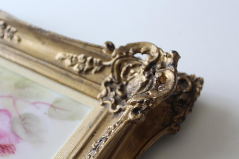 Victorian style vintage ornate gold frame w/ hand painted old roses china picture