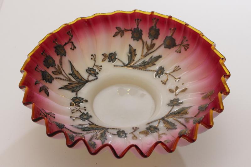 Victorian vintage antique peachblow glass bride's basket bowl w/ hand painted gold enamel