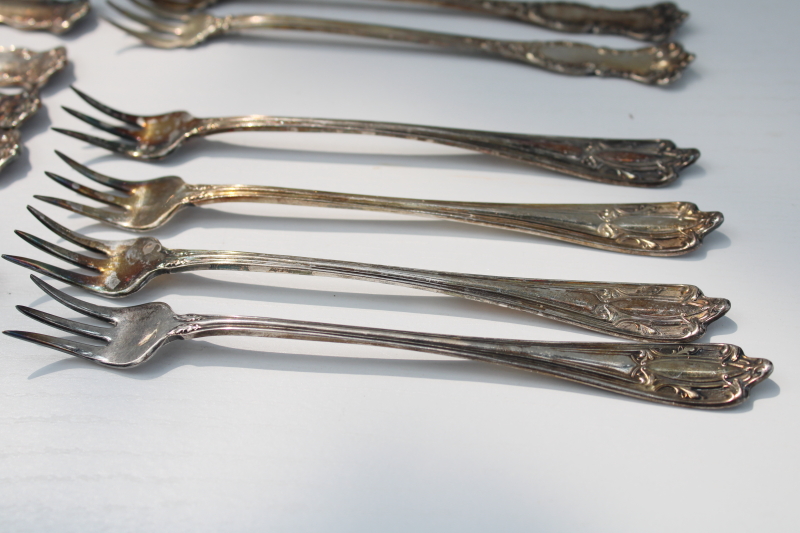 Victorian vintage antique silver plate flatware, tiny olive or pickle forks, cocktail forks