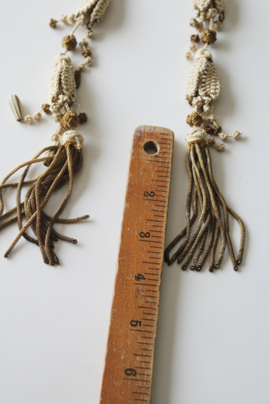 Victorian vintage metal bullion tassels, handmade macrame pulls for bell or antique lighting